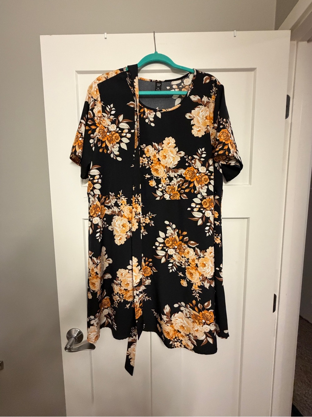 SHEIN Black Floral Short Sleeve Dress with Mustard Flowers